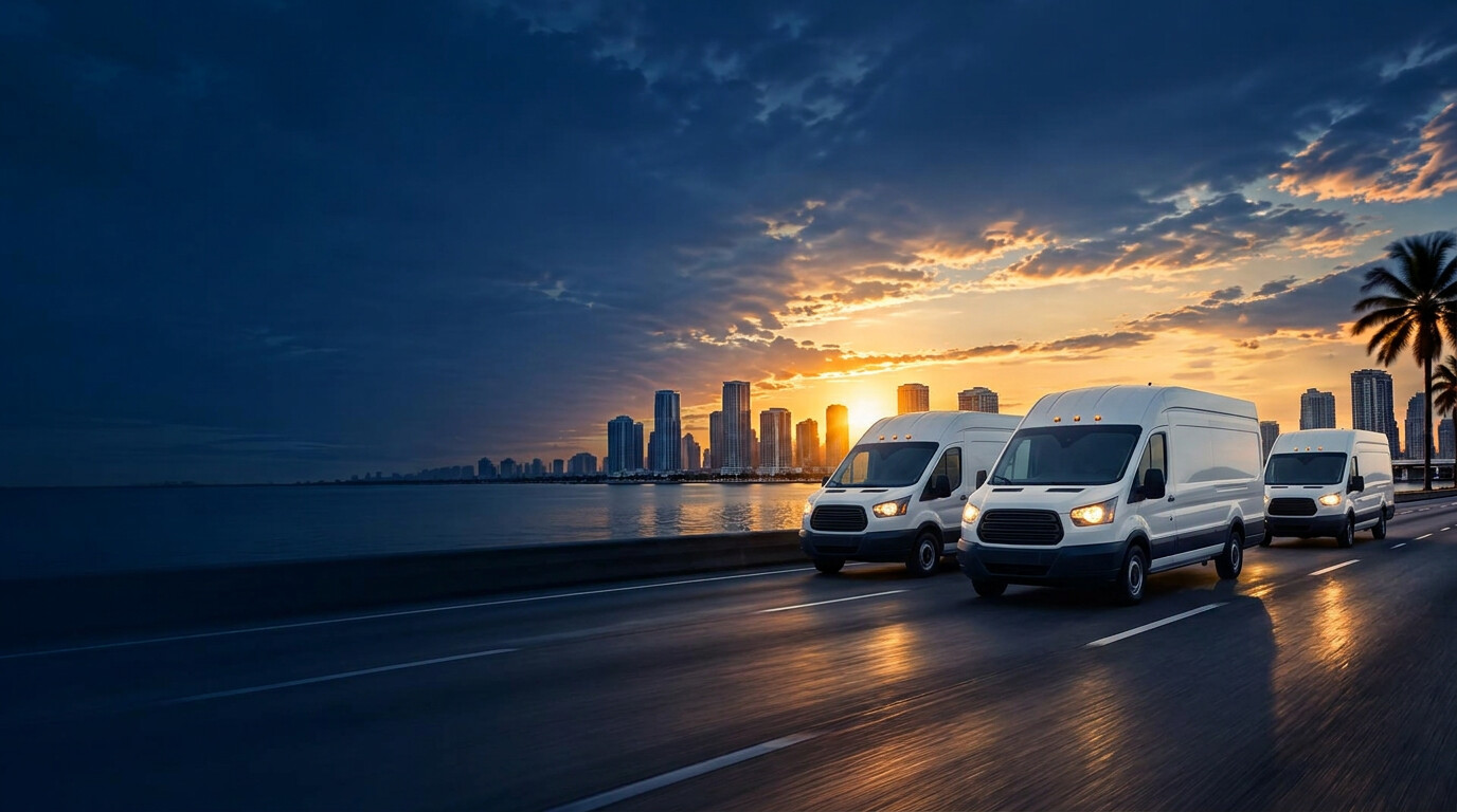 Furgonetas de carga de Precision 360 en una autopista de Miami al atardecer
